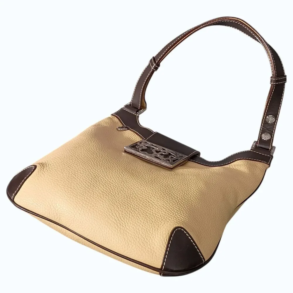 Tous Hobo Shoulder Bag Brown Yellow Leather Silver Logo